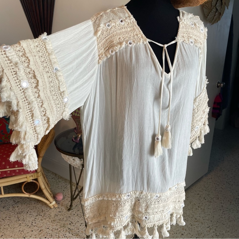 RAGA Bohemian Cream Bell Sleeve Pullover FringeTunic! Swim Coverup NWT.  Large - Picture 5 of 14